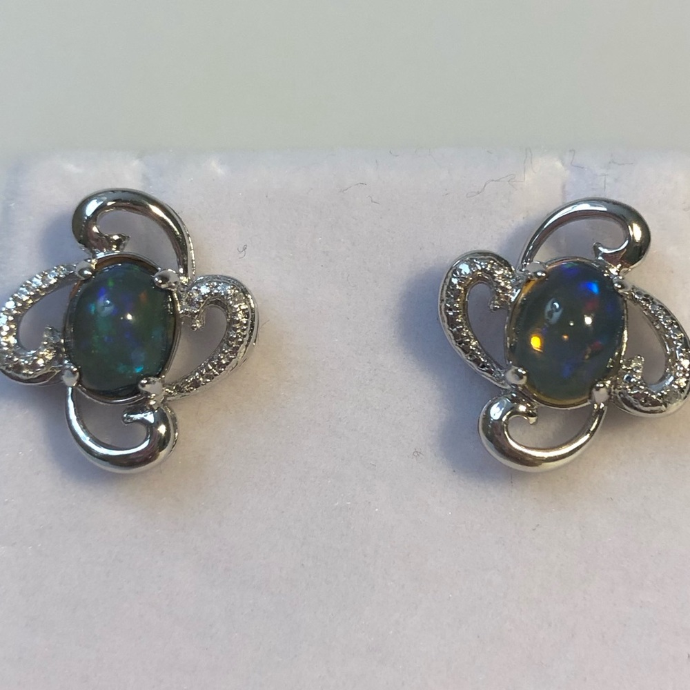NIB Natural Black Opal & Diamond Earrings, sterling silver